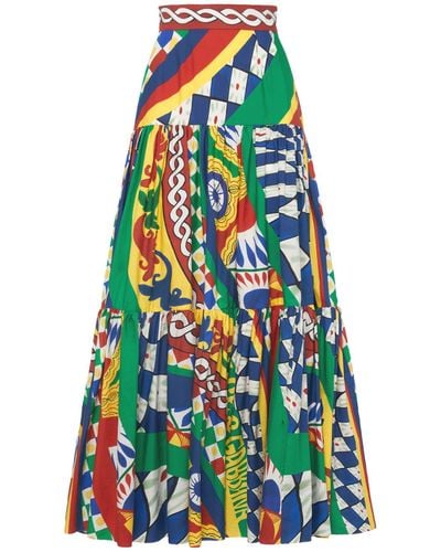 Dolce & Gabbana Carretto Print Cotton Poplin Long Skirt - White