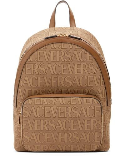 Versace Logo Fabric & Leather Backpack - Brown
