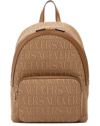 Versace Mochila de tela y piel con logo - Marrón