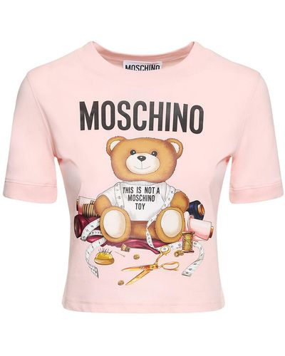 Moschino Logo Printed Cotton Jersey Crop T-Shirt - Pink