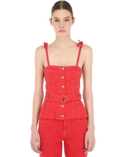 SJYP Belted Cotton Denim Corset Top - Red