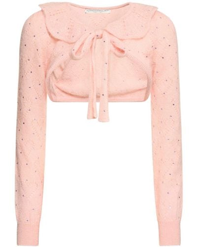 Alessandra Rich Mohair Knit Self-Tie Crop Bolero W/Studs - Pink