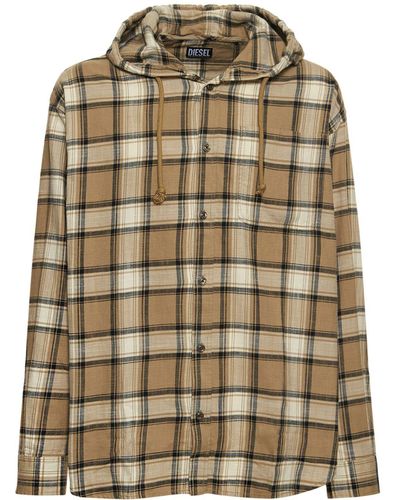 DIESEL Check Print Cotton Flannel Hooded Shirt - Multicolor