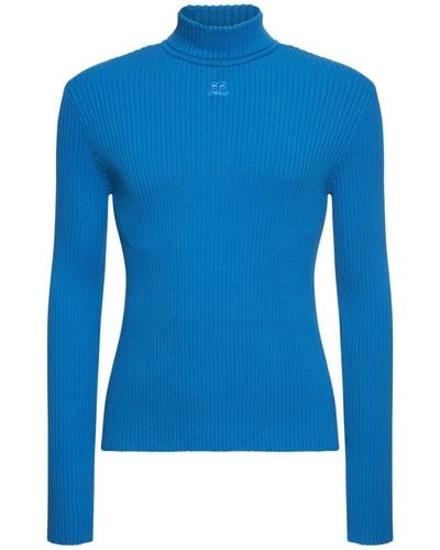 Courreges Mockneck Rib Knit Sweater - Blue