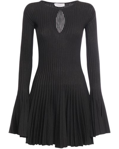 Blumarine Pleated Wool Knit Long Sleeve Mini Dress - Black