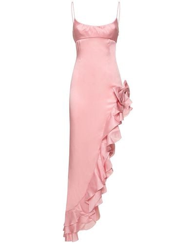 Alessandra Rich Laminated Satin Long Dress W/Side Ruffle - Pink