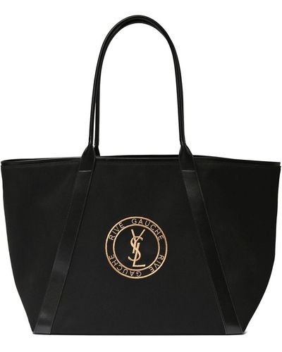 Saint Laurent Leather-trimmed Logo-embroidered Cotton-gabardine Tote Bag - Black