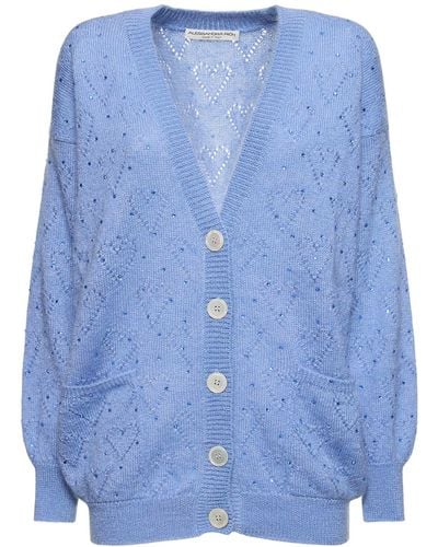 Alessandra Rich Knitted Mohair Long Cardigan W/ Crystals - Blue