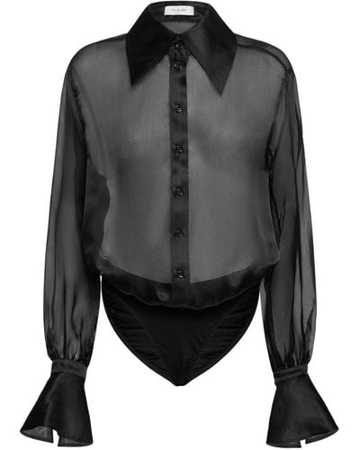 Mugler Silk Tulle Long Sleeved Bodysuit - Gray
