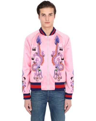 Gucci Embroidered Silk Satin Duchesse Bomber Jacket - Pink