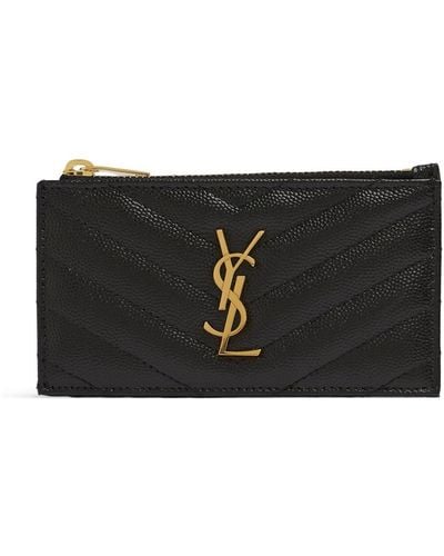 Saint Laurent Porta carte di credito in pelle martellata con zip - Nero