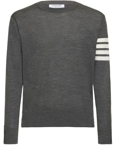 Thom Browne Wool Crewneck Sweater W/ Stripes - Gray