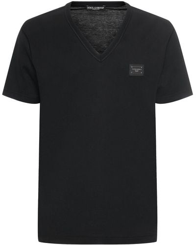 Dolce & Gabbana T-shirt in cotone con scollo a v e logo - Nero