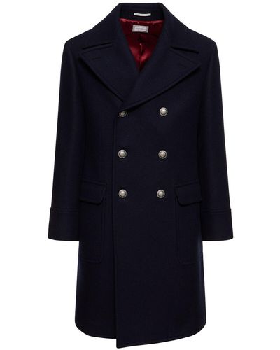 Brunello Cucinelli Double Breasted Wool & Cashmere Coat - Blue