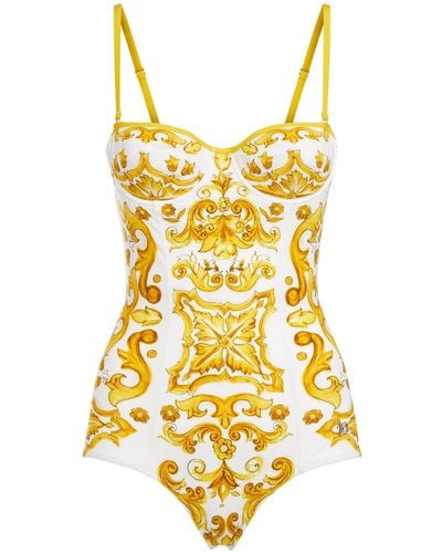 Dolce & Gabbana Maiolica Print One Piece Swimsuit - Yellow