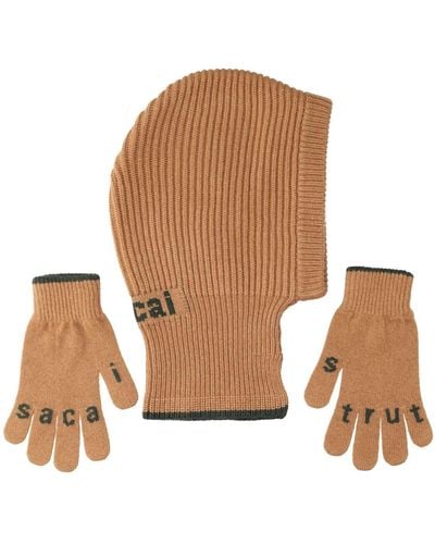 Sacai Knit Wool Balaclava & Gloves Set - Brown