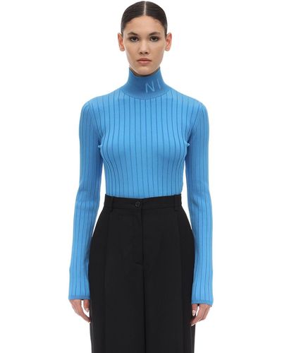 Nina Ricci Logo Viscose Knit Turtleneck Sweater - Blue