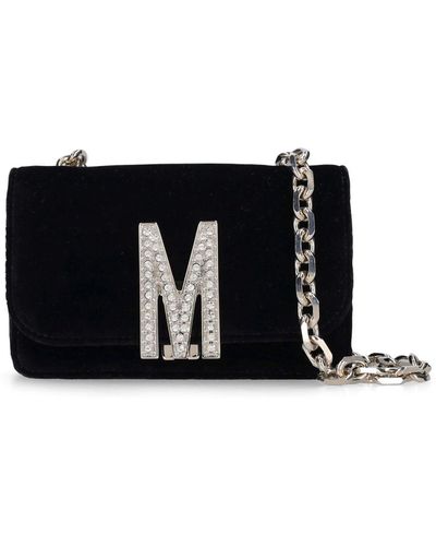 Moschino Crystal Logo Velvet Shoulder Bag - Black