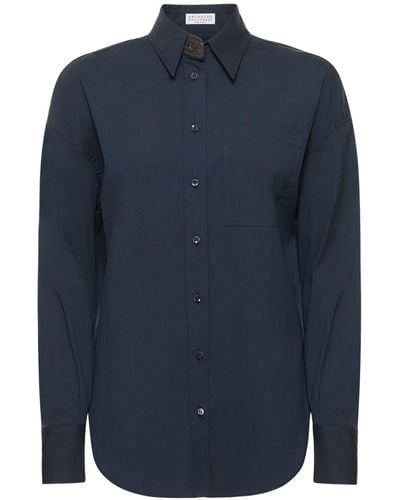 Brunello Cucinelli Chemise en coton mélangé avec poche - Bleu