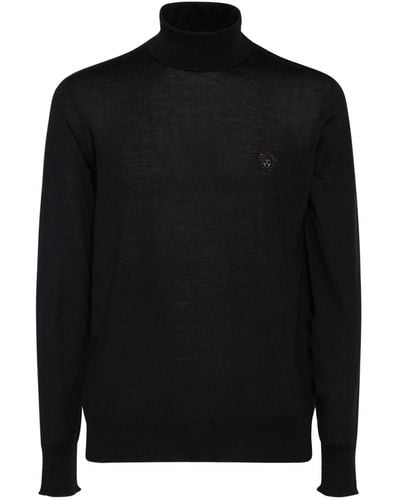 Versace Logo Wool Blend Knit Turtleneck Sweater - Black