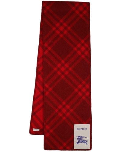 Burberry Check Wool Scarf W/ Logo - Red