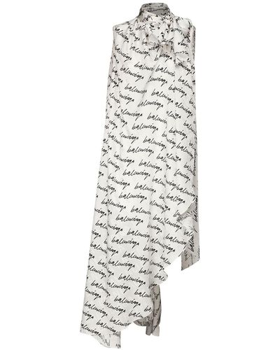 Balenciaga Logo Jacquard Silk Asymmetric Dress - White