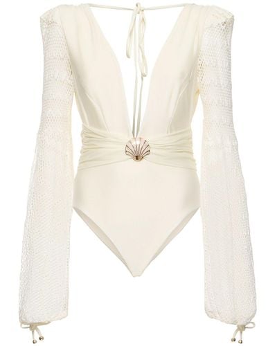 PATBO Plunge Neck Long Sleeve Swimsuit - White