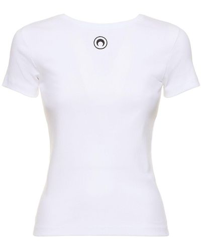 Marine Serre Geripptes T-Shirt mit Logo-Stickerei - Weiß