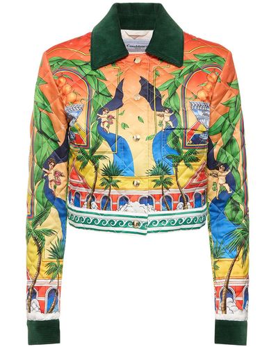 Casablancabrand Printed Satin Quilted Cropped Jacket - Green