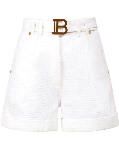 Balmain Shorts De Algodón Con Monograma Y Cinturón - Blanco