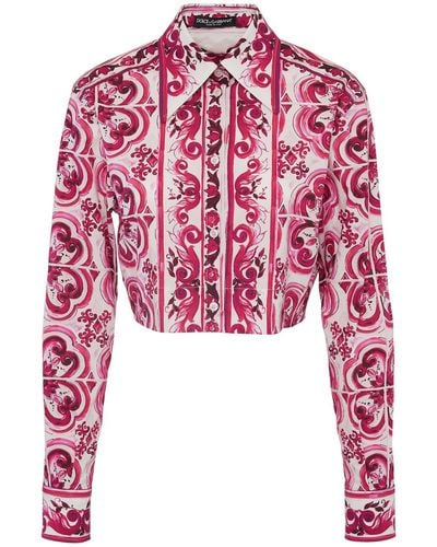 Dolce & Gabbana Kurzes Hemd Aus Baumwollpopeline Mit Maiolikadruck - Rot