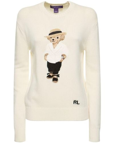 Ralph Lauren Collection Cotton Jersey Crewneck Sweater W/ Bear - Natural