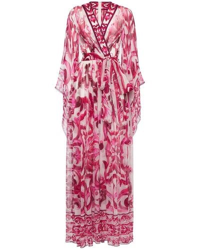 Dolce & Gabbana Maiolica Print Silk Chiffon Long Dress - Red
