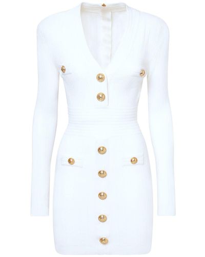 Balmain V-neck Buttoned Knit Mini Dress - White