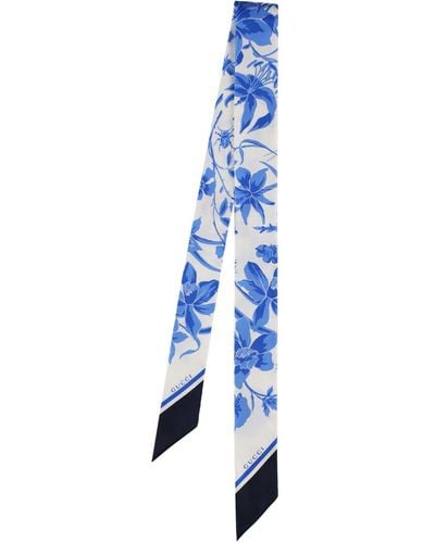 Gucci Floral Print Silk Neck Bow - Blue