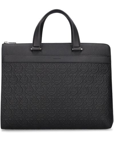 Ferragamo Logo Embossed Leather Briefcase - Black