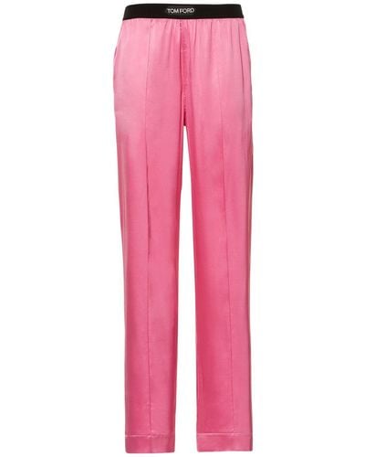 Tom Ford Pantalones de pijama de satén de seda con logo - Rosa