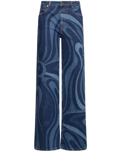 Emilio Pucci Printed Denim Mid Rise Wide Jeans - Blue