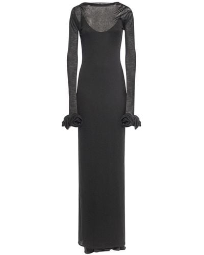 Blumarine Jersey & Wool Long Dress W/ Roses - Black