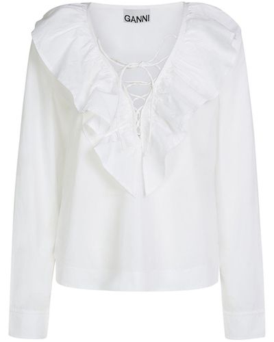 Ganni Ruffled Cotton Poplin V-Neck Shirt - White