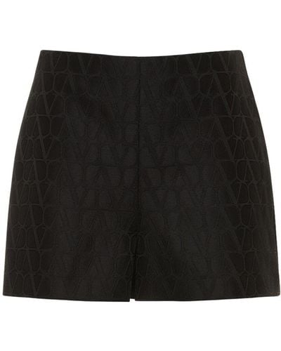 Valentino Wool & Silk Crepe High Rise Logo Shorts - Black