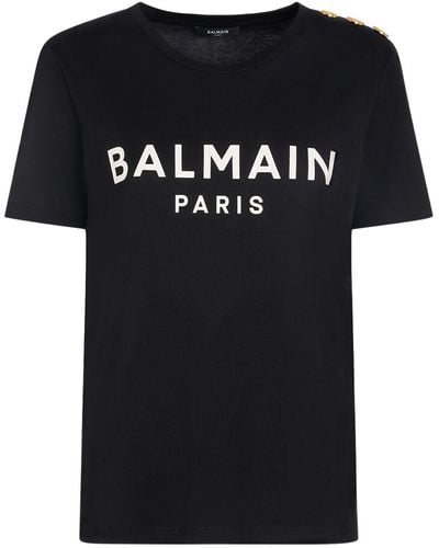 Balmain Camiseta de algodón con logo estampado - Negro