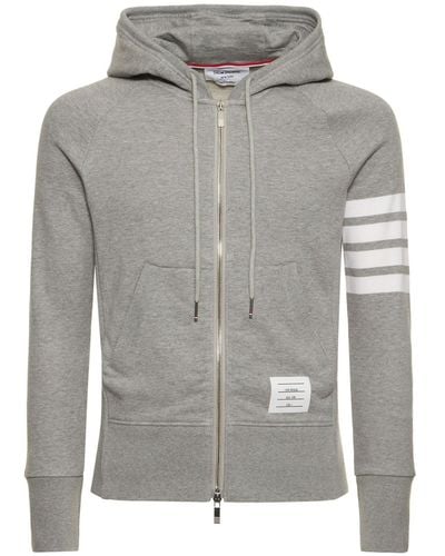 Thom Browne Zip-Up Stripes Cotton Sweatshirt Hoodie - Grey