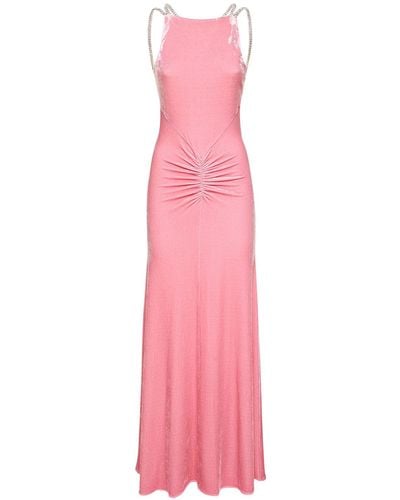 Rabanne Embellished Velvet Draped Long Dress - Pink