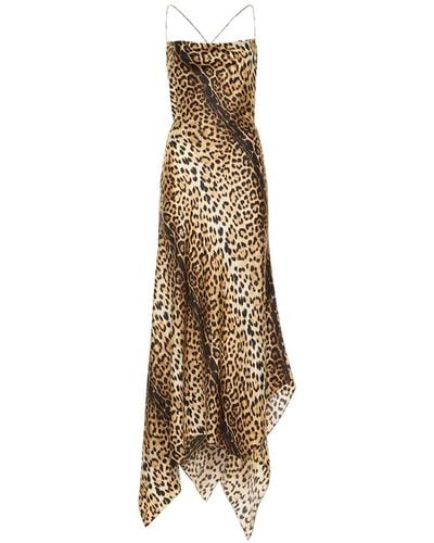 Roberto Cavalli Jaguar Print Silk Twill Long Cami Dress - Natural