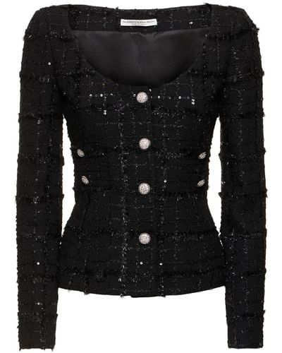 Alessandra Rich Sequined Checked Tweed Round Neck Jacket - Black