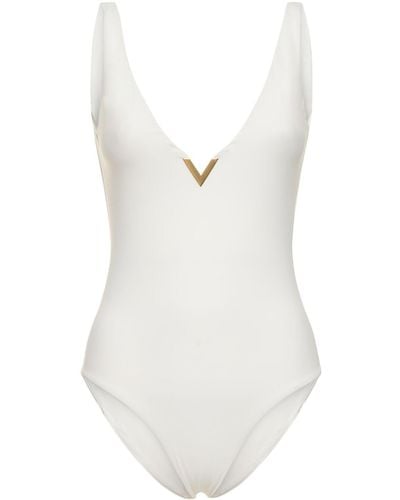 Valentino Lycra V-neck Logo One Piece Swimsuit - White