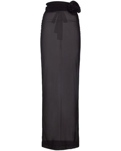 Dolce & Gabbana Jupe longue en jersey de tulle drapé avec fleur - Noir