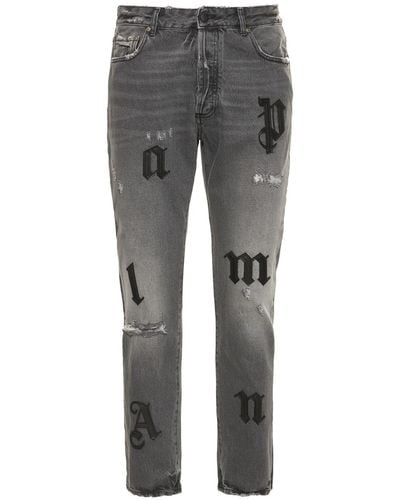 Palm Angels Jeans in denim di cotone con logo - Grigio