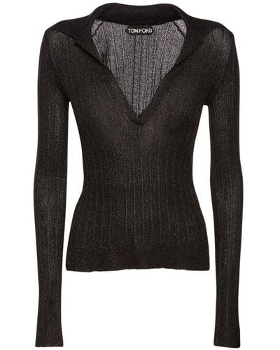 Tom Ford Lurex Ribbed Knit Long Sleeve Polo - Black